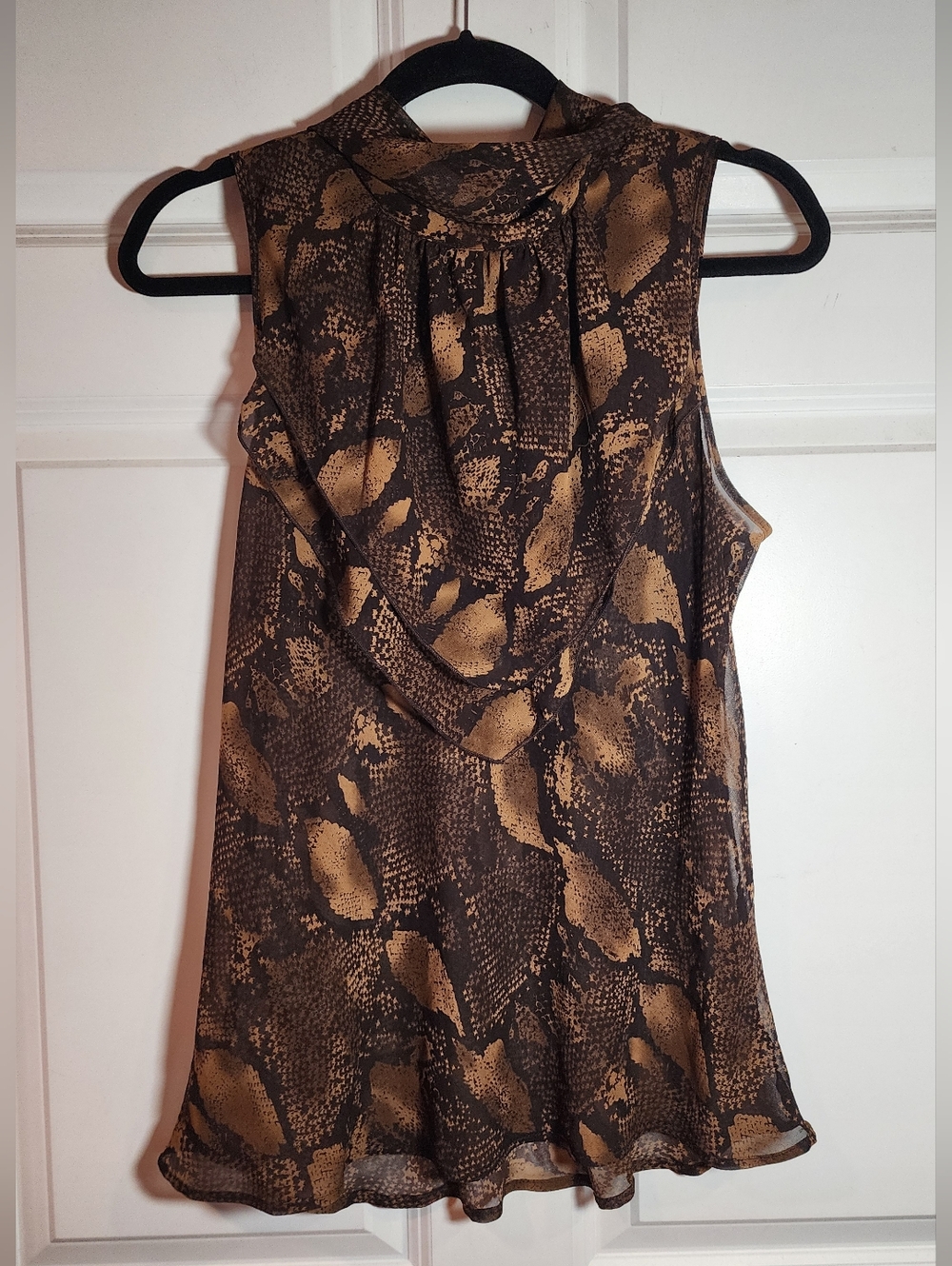 Adrienne Vittadini Brown Snakeskin Print Semi Sheer Sleeveless Tie Neck Blouse